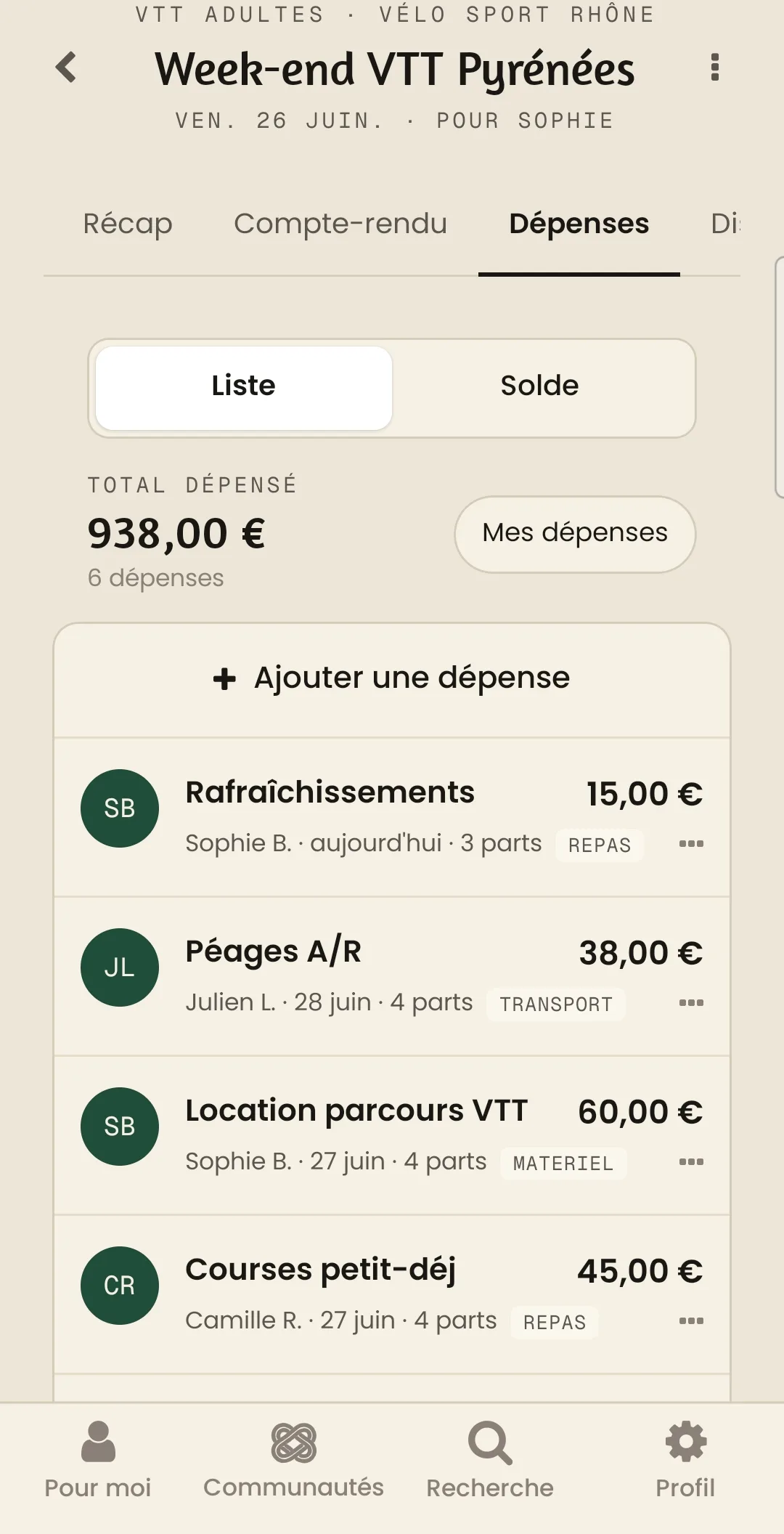 Écran Dépenses d'Okordo