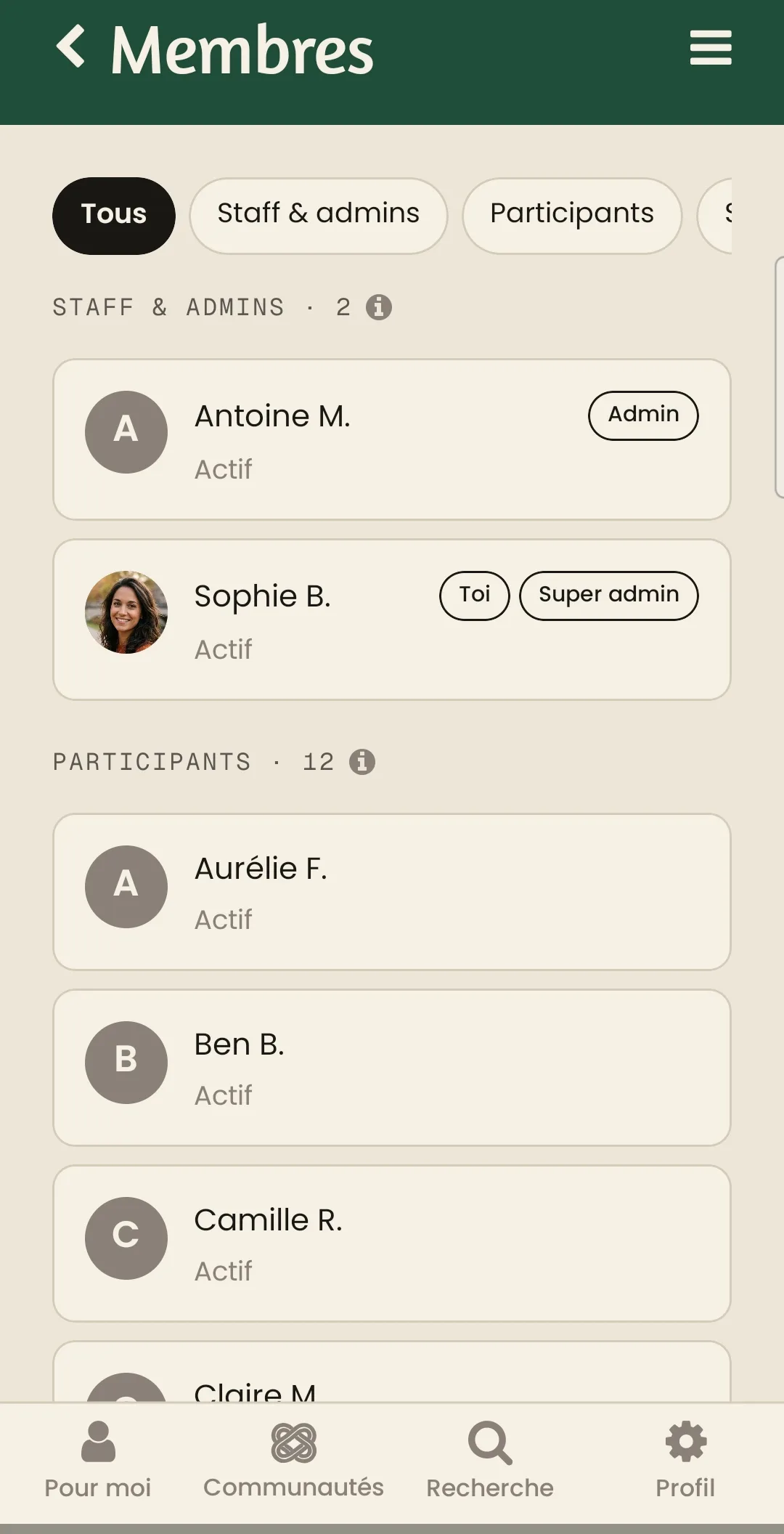 Écran Gestion des membres d'Okordo